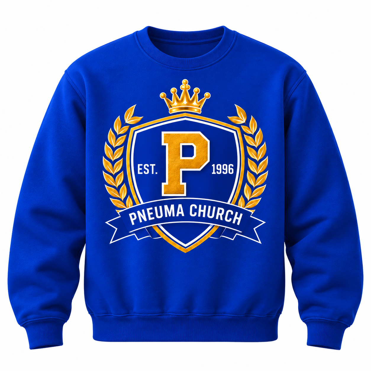 Royal blue PNEUMA Church crest crewneck sweatshirt